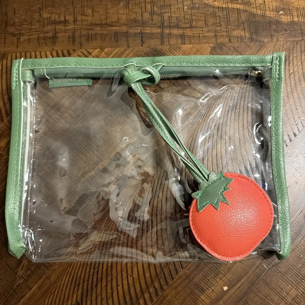 Luxe + willow Clear Green Trim makeup bag With Red Tomato Charm Zipper